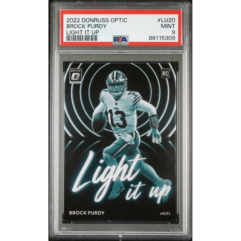 Brock Purdy 2022 Panini Donruss Optic Light It Up Rookie Card #LU20 Graded PSA 9 - 8'6" x 11'6"