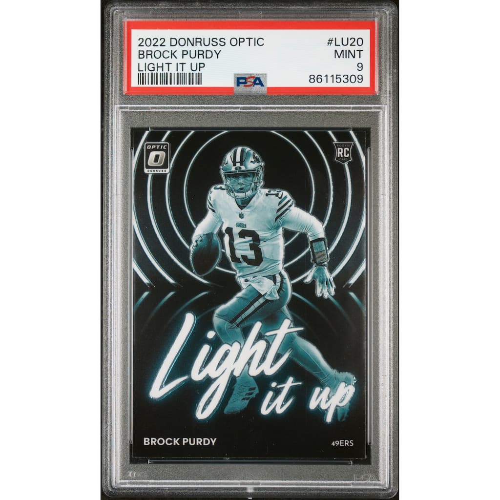 Brock Purdy 2022 Panini Donruss Optic Light It Up Rookie Card #LU20 Graded PSA 9 - 8'6" x 11'6"