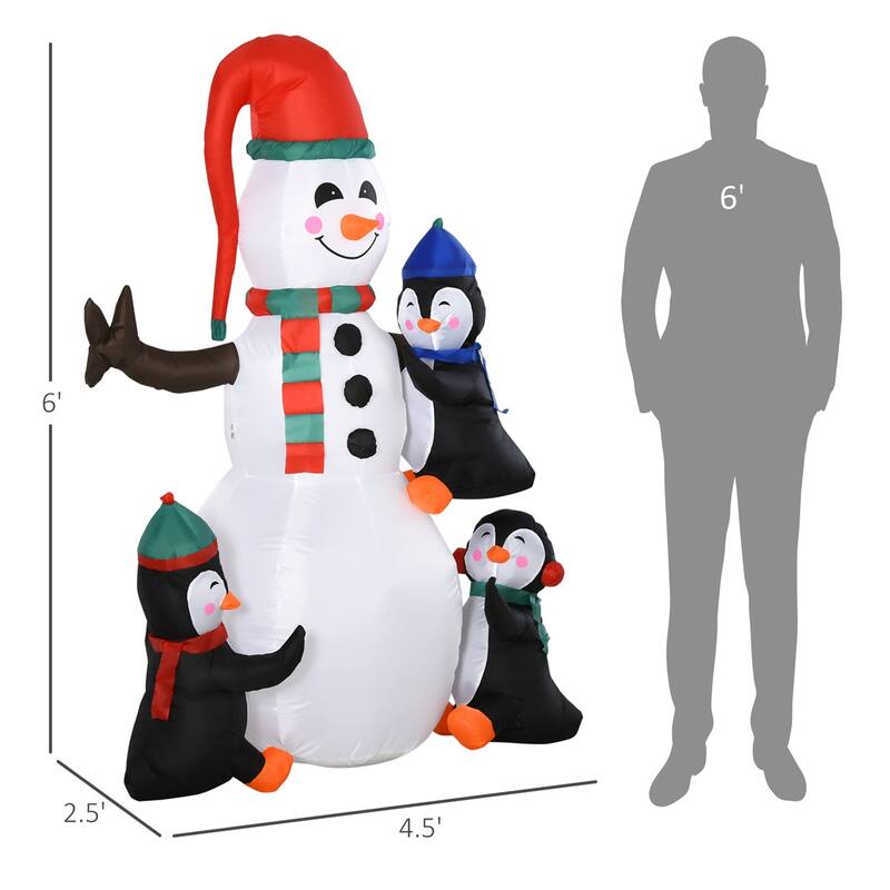 6ft Holiday Inflatable Penguin Display with Snowman and Multicolor LED Lights for Outdoor Yard Decor