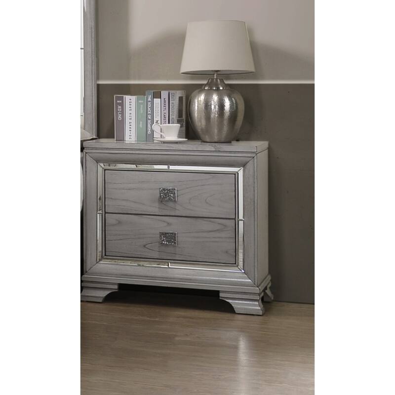 Contemporary Light Gray Brown Nightstand, 2 Drawers, Mirrored Accents, Solid Wood