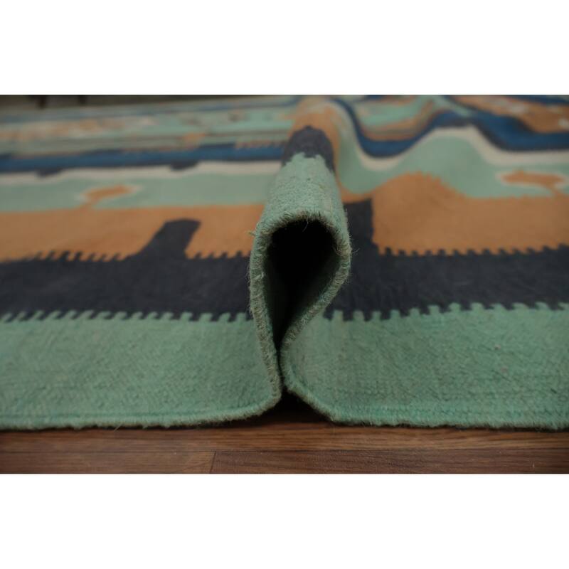 Hand Woven Oriental 100% Wool Carpet Southwestern Tribal Green Kilim Area Rug - 16' 6'' X 10' 0''