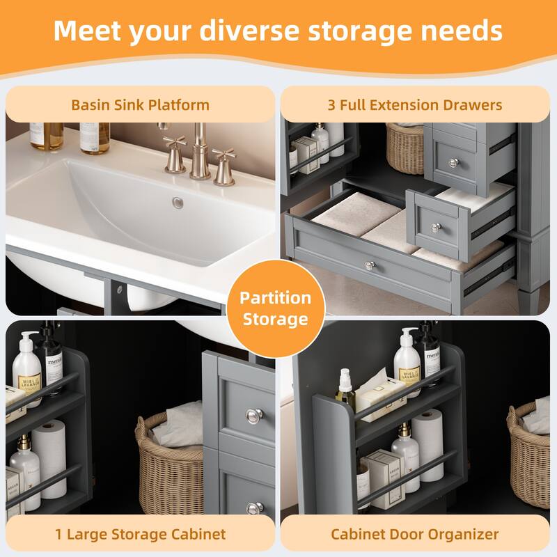 Bathroom Vanity with Ceramic Sink, Bathroom Cabinet with Soft Closing Doors, Vanity Set with 2-Tier Storage Rack and 3 Drawers