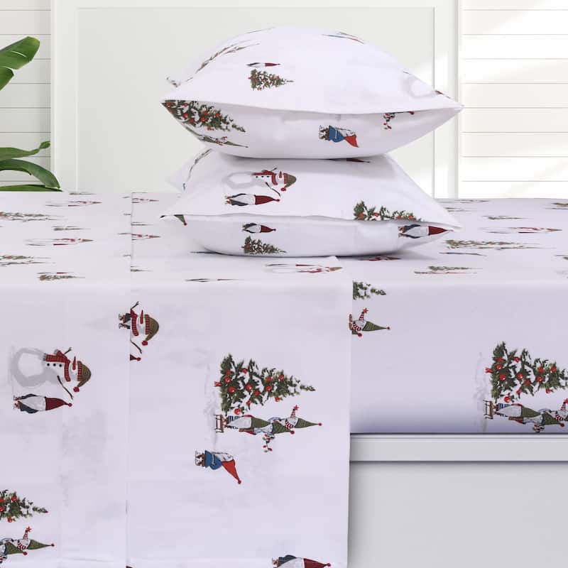 Azores Home 170-GSM Cotton Flannel Printed or Solid Extra Deep Pocket Sheet Set - Twin - Gnomes