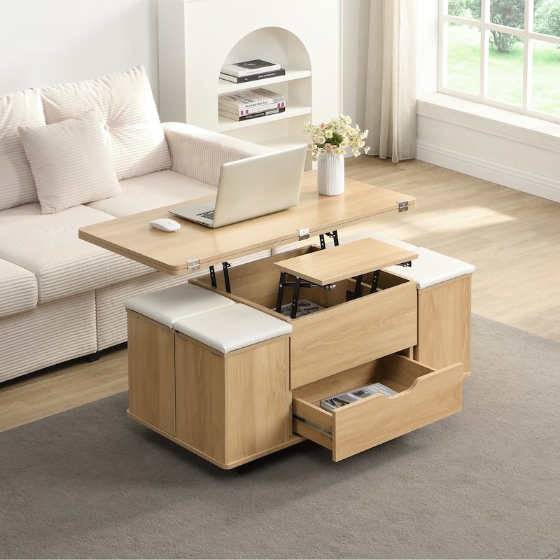 Roomfitters Multi-Functional Lift-Top Coffee Table with Hidden Storage, Modern Center Table with 4 Stool & Caster, Natural/White