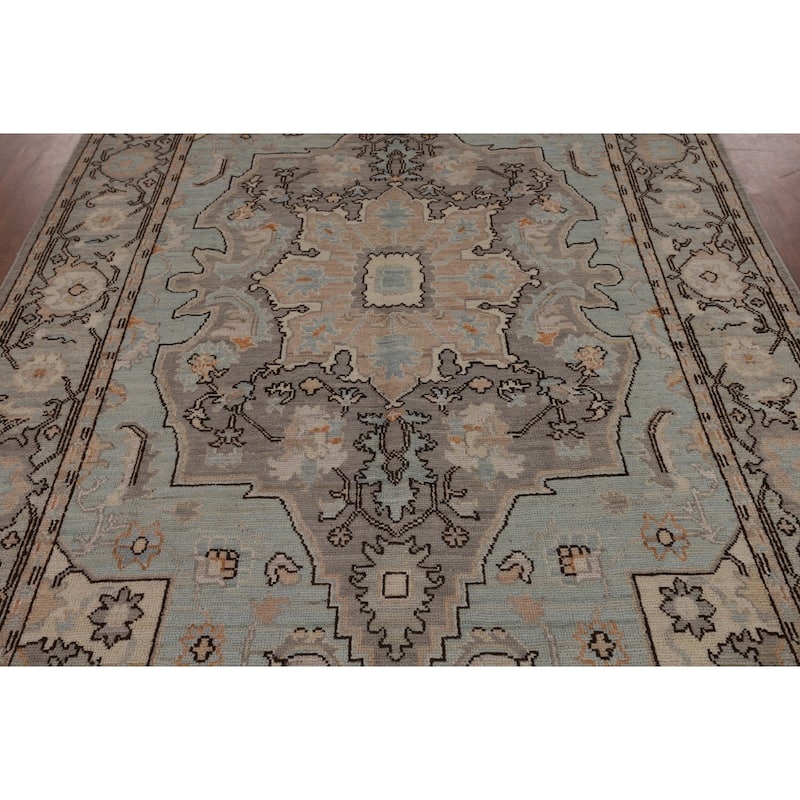 Vegetable Dye Oushak Turkish Rug Blue Hand-Knotted Wool Carpet - 6'1"x 9'0"