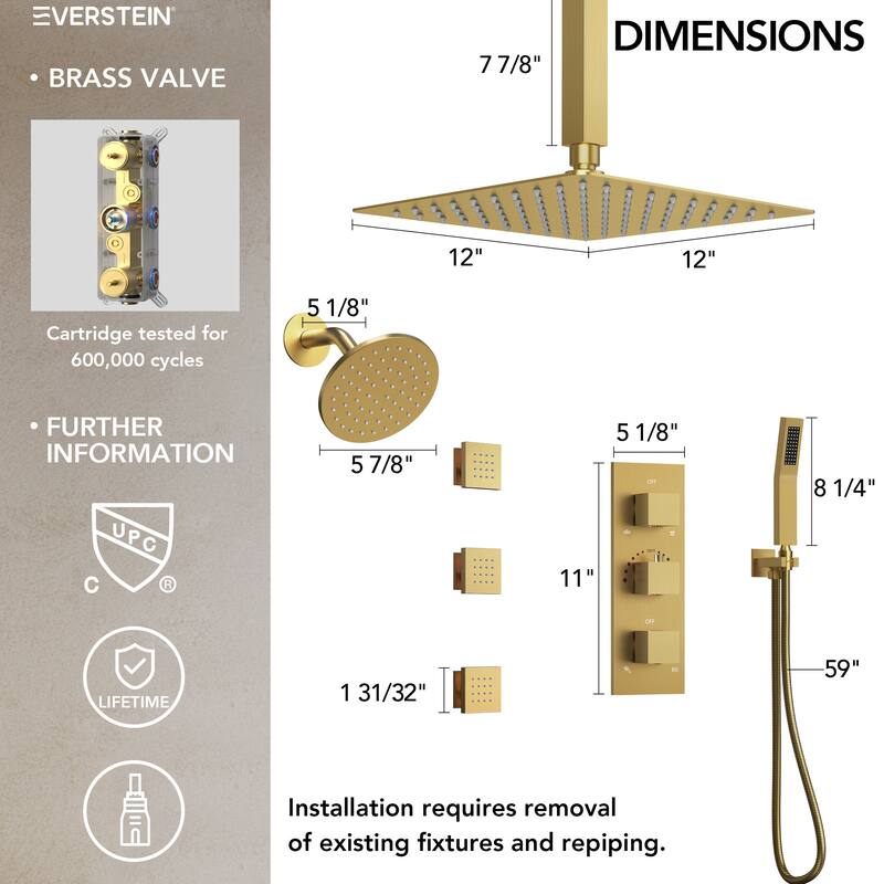 Thermostatic Dual Heads 12" Multi-Function Shower System with 3 Body Sprays