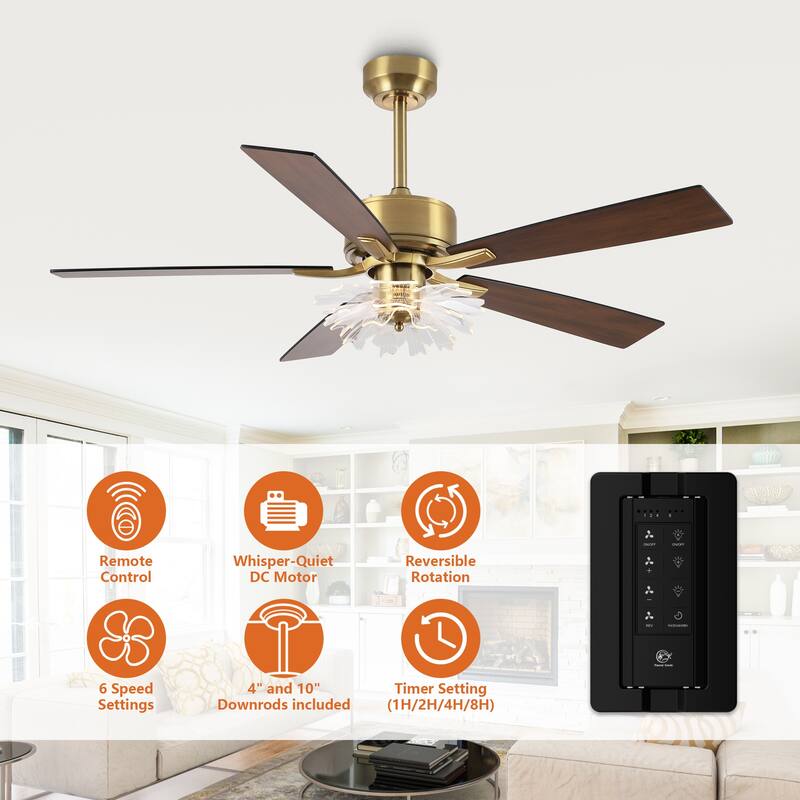 52" Modern Gold Acylic Flower Diammable Ceiling Fan with Light and Remote