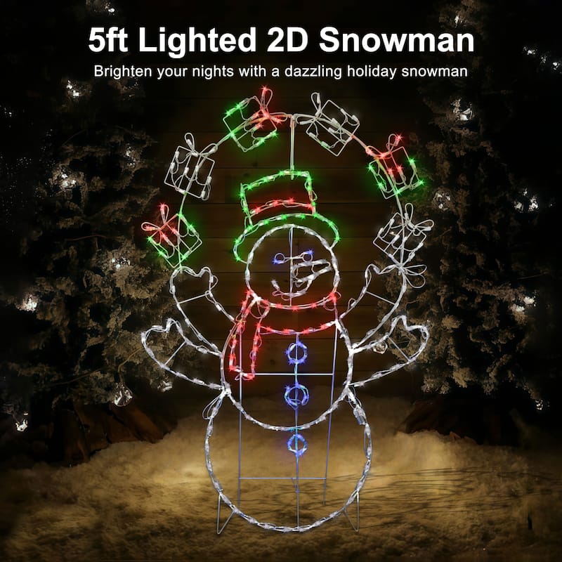 Puleo International 5' 2D Outdoor Snowman with 222 Multi-Color-Color LED Lights - White