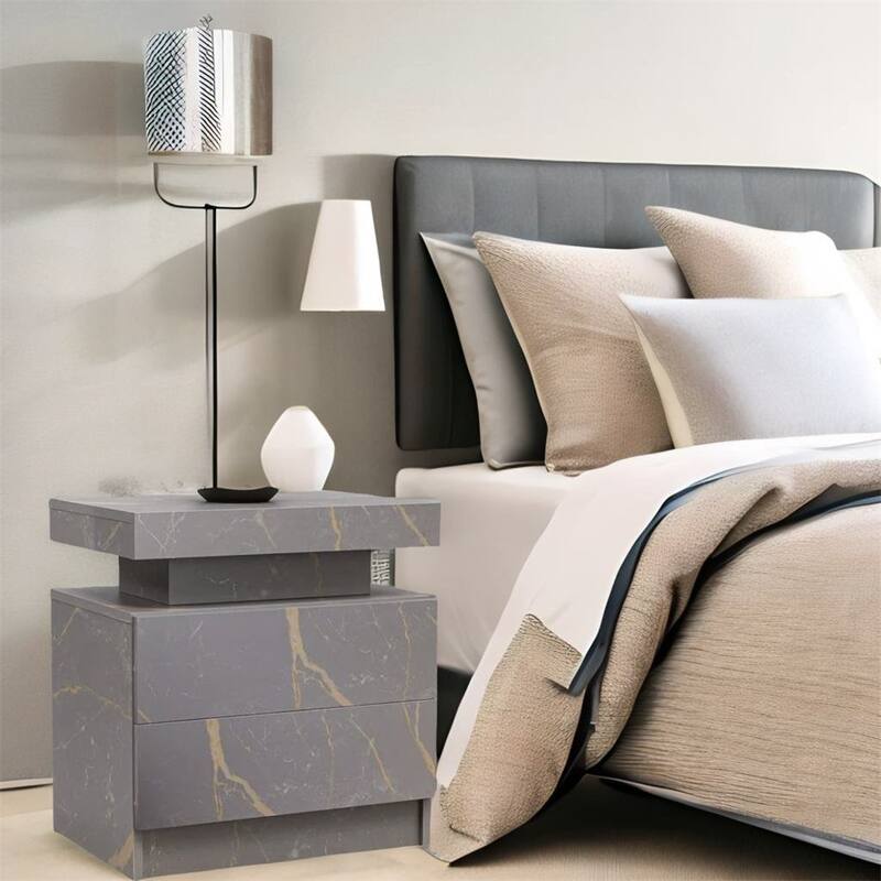Modern Bedroom Nightstand with LED Lights Decoration and 2 Drawers