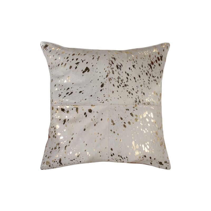 Set of Two 18" Natural and Gold Abstract Cowhide Throw Pillows with Glitter