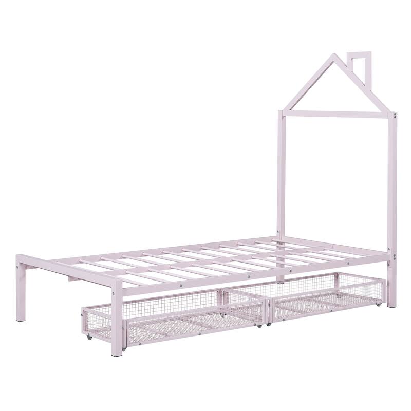 Twin Size Metal Platform Bed with House Design and 2 Storage Drawers