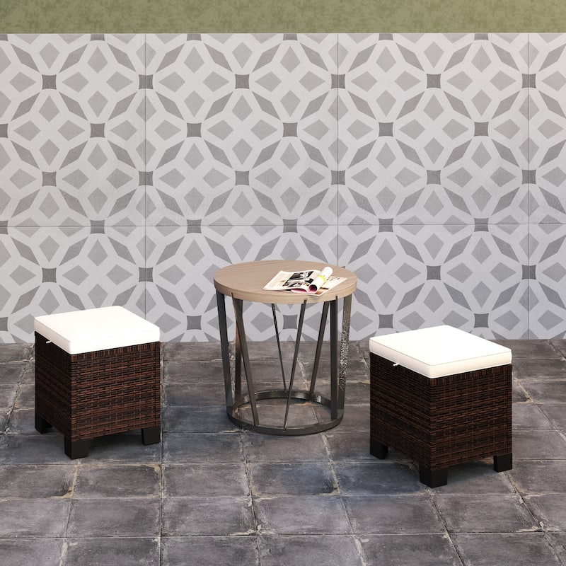 Beige-Brown Steel PE Wicker Outdoor Ottoman Set of 2 with Cushions - 15.7" W x 15.7" D x 18.1" H