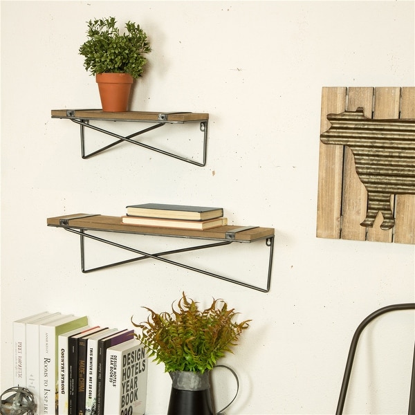 Glitzhome Farmhouse Rustic Metal Wooden Wall Shelf Set of two