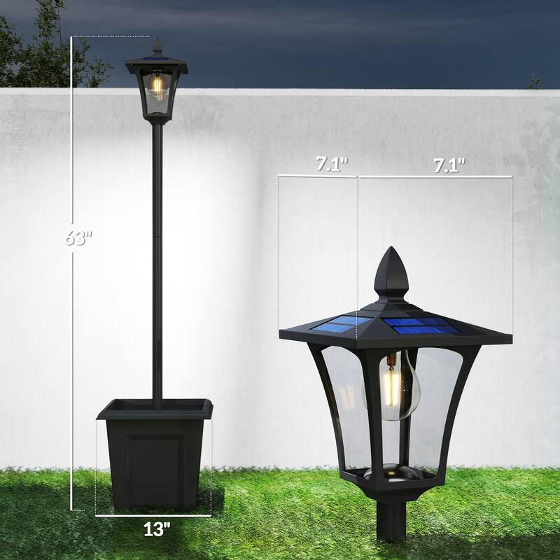Outsunny 63" Solar Lamp Post Lights 2 Pack, Waterproof LED Solar Light Posts with Planter, Outdoor Lamps for Patio - Black