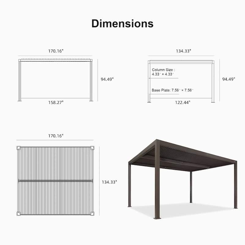 PURPLE LEAF Bronze Louvered Pergola with Adjustable Roof for Deck Backyard Garden Hardtop Gazebo