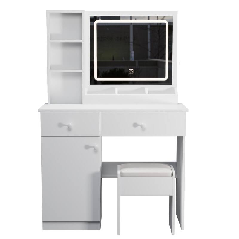 White Vanity Table and Stool Set with Charing Station, Makeup Vanity Desk with Mirror and Lights
