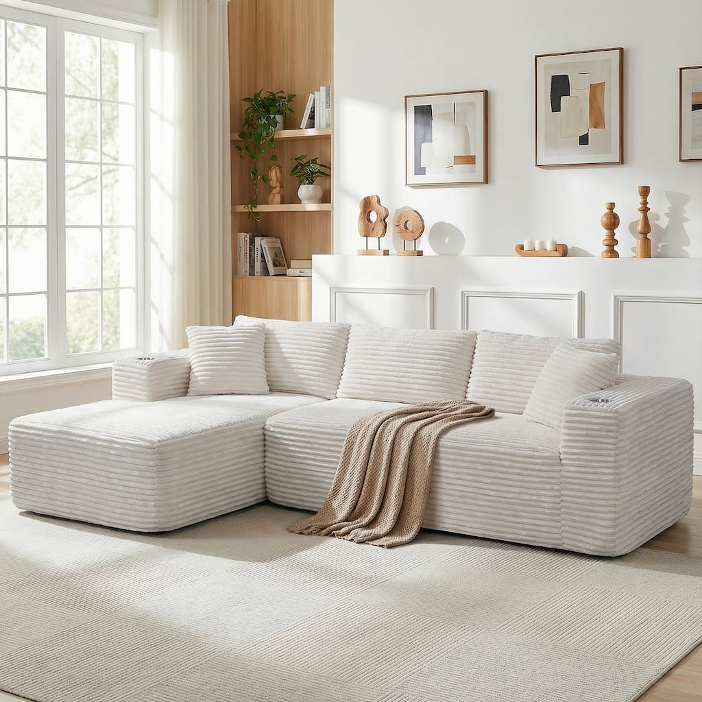 102'' No-Assembly Modular Corduroy Sofa with Cup Holder, Free Combination