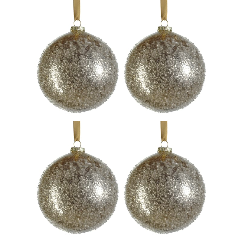 4.75" Sugar Bead Glass Holiday Ball Ornaments, Set of 4