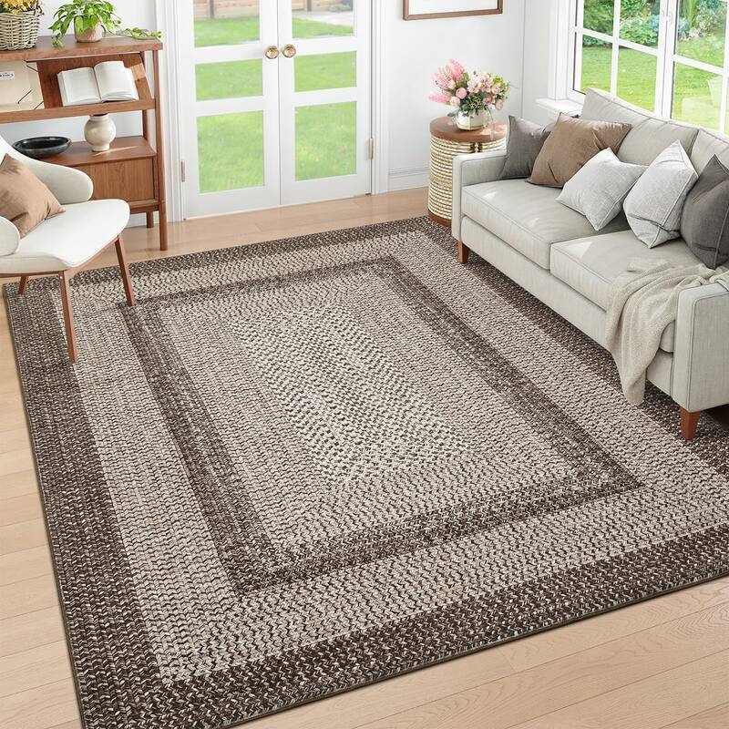 Washable Living Room Rugs Modern Braided Print Area Rug Border Design Accent Rugs for Bedroom Non-Slip Low Pile Area Rug - 4'x6' - Brown