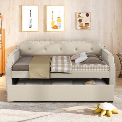 Upholstered Daybed with Trundle, Wood Slat Support,Upholstered Frame Sofa Bed, Twin, Beige