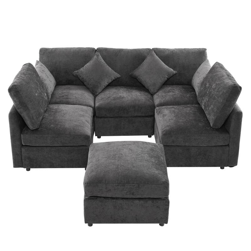 L-Shaped Modular Sectional Sofa Convertible U-Shaped Sofa Bed with Movable Ottoman and 2 USB Ports, 2 Pillows, Chenille 5 Seat