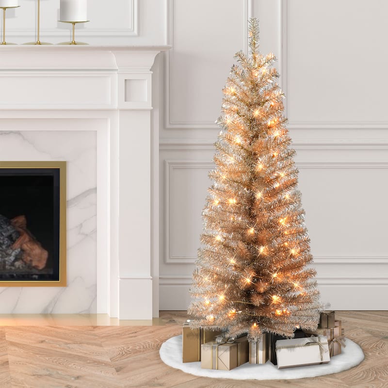 Puleo International 4.5 ft. Pre-lit Rose Gold Tinsel Tree - 4.5 Foot