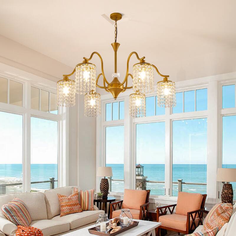 Modern Farmhouse Vintage Crystal Chandelier, 6-Light Rustic Kitchen Island Light Fixture