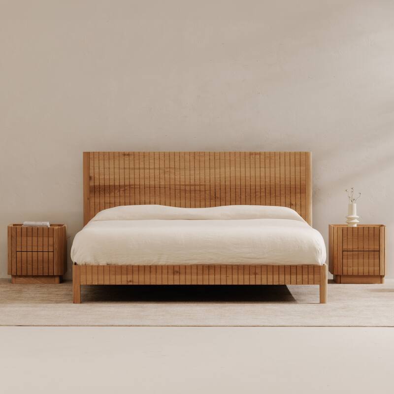 Natural Oak Bed - Modern Wood Platform Bed - King, Twin, Size Bed - Upholstered Storage Bed