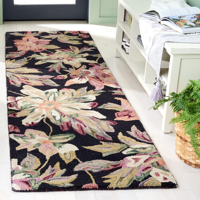 SAFAVIEH Handmade Blossom Roselotte French Country Floral Wool Rug - 2'3" x 8' Runner - Black/Plum