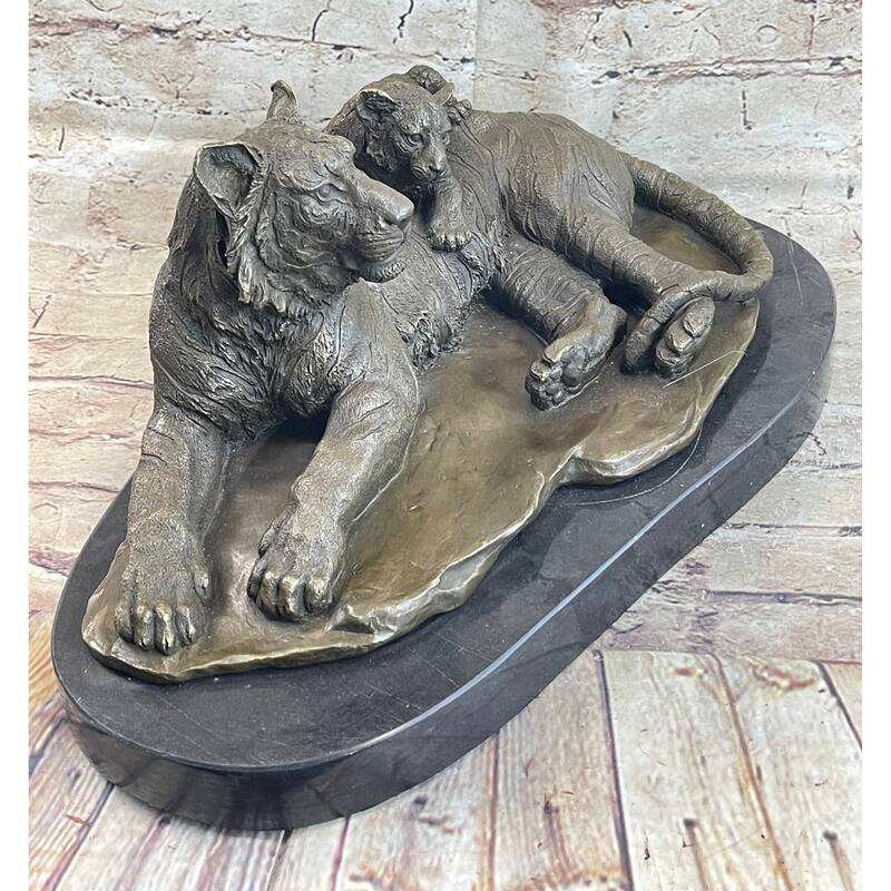 Tiger Family Mother Cub Bronze Statue Sculpture Figure Marble Base Original Art 8 Inches X 16 Inches