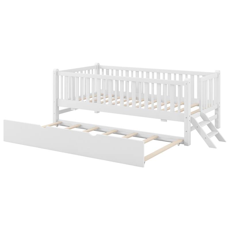 GDFStudio - Wood Twin Platform Bed with Guardrail, Trundle and Storage, Walnut