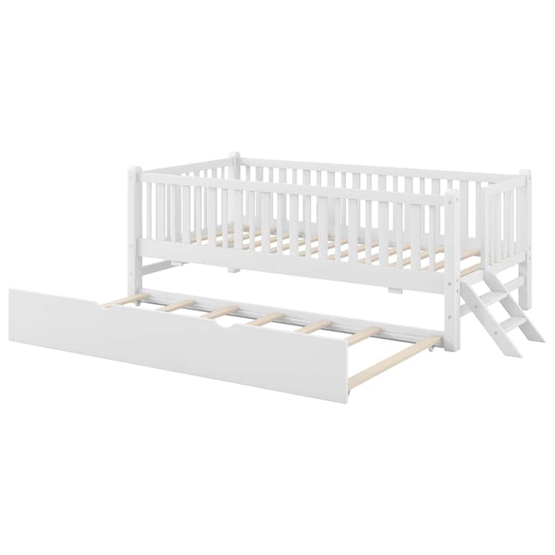 Twin Platform Bed with Slide-Out Trundle & Guardrails by Harper&Bright Designs