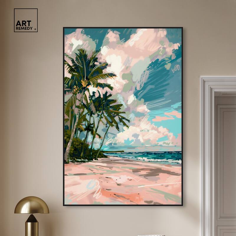 Art Remedy Palms Under The Sun Framed Colorful Coastal 1 Piece Canvas Wall Art