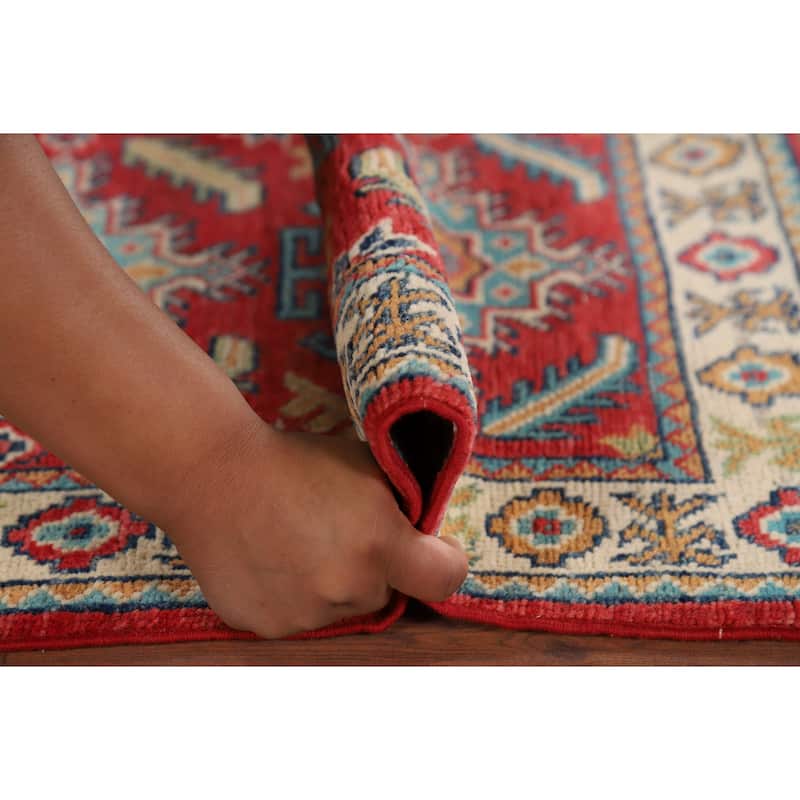Red Geometric Kazak Oriental Accent Rug Hand-Knotted Wool Carpet - 2'0" x 2'10"