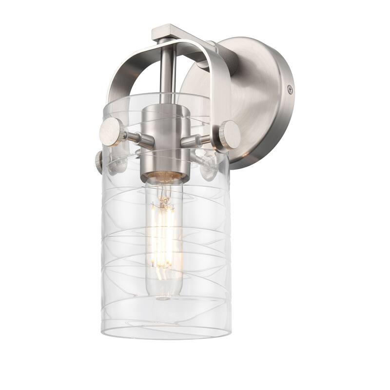 Innovations Lighting Pilaster II Cylinder - 1 Light 7" Wall-Mounted Sconce - Deco Swirl/Satin Nickel