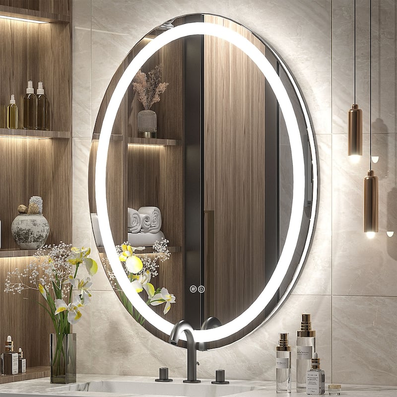 KIOTEE Super Bright Oval LED Lighted Anti-Fog Tempered Glass Bathroom Vanity Mirror with ETL and 3-Year Warranty - 28x20