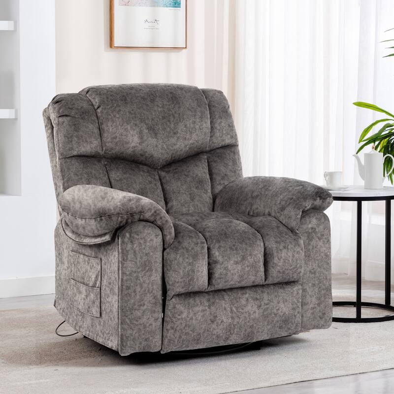 Swivel Rocker Velvet Recliner for Adults, Nursery Glider Recliner w/Massage and Heating & USB Charge Port Bonded Leather Sofa - Grey