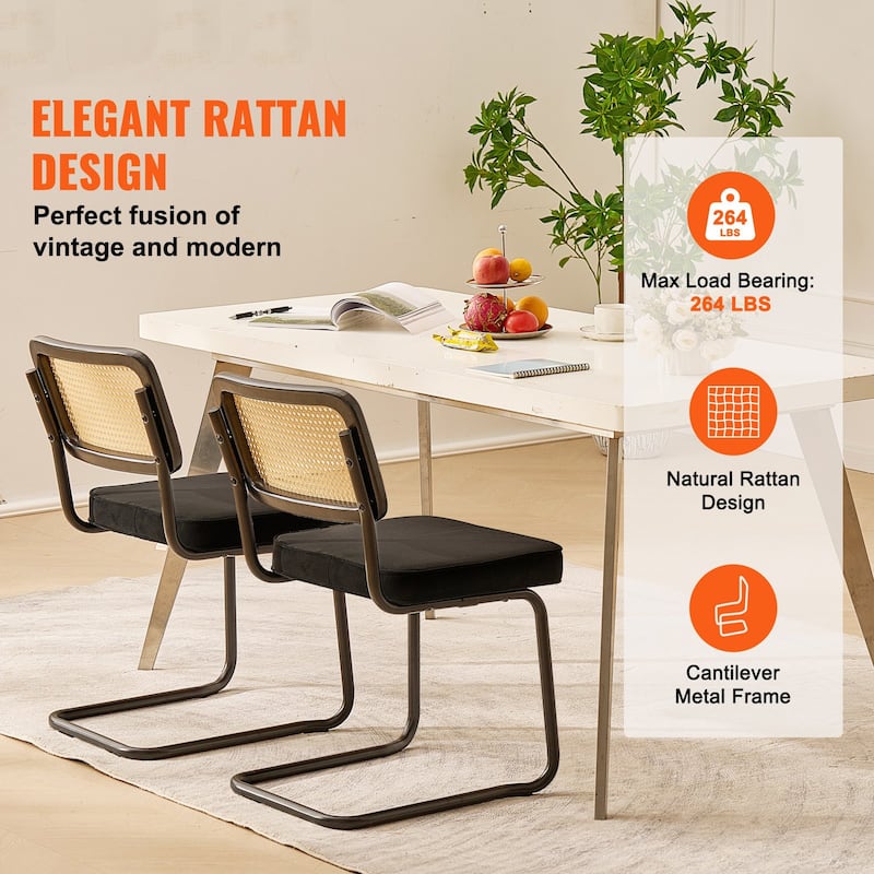 Rattan Dining Chairs Set of 4, Mid Century Modern Dining Chair, Upholstered Velvet Accent Chair with Rattan Back, Retro Dining
