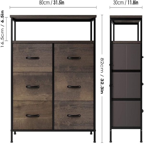 Dresser Chest with 6 Drawers, Wide Chest of Drawers with 2 Tier Wood Shelves, Sturdy Metal Frame