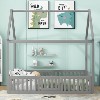 House-Shaped Full Size Wooden Platform Bed with Roof,Fence and Door