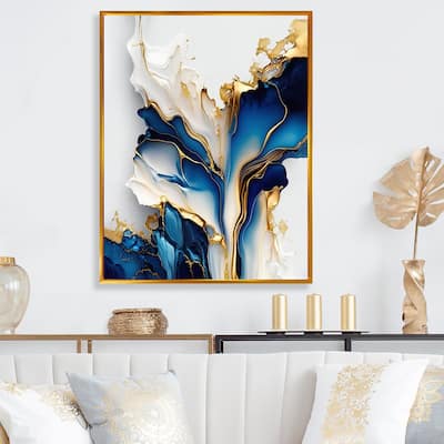 Designart "Abstract Geode Gold And Blue Marble Shape III" Animals Framed Canvas Art Print