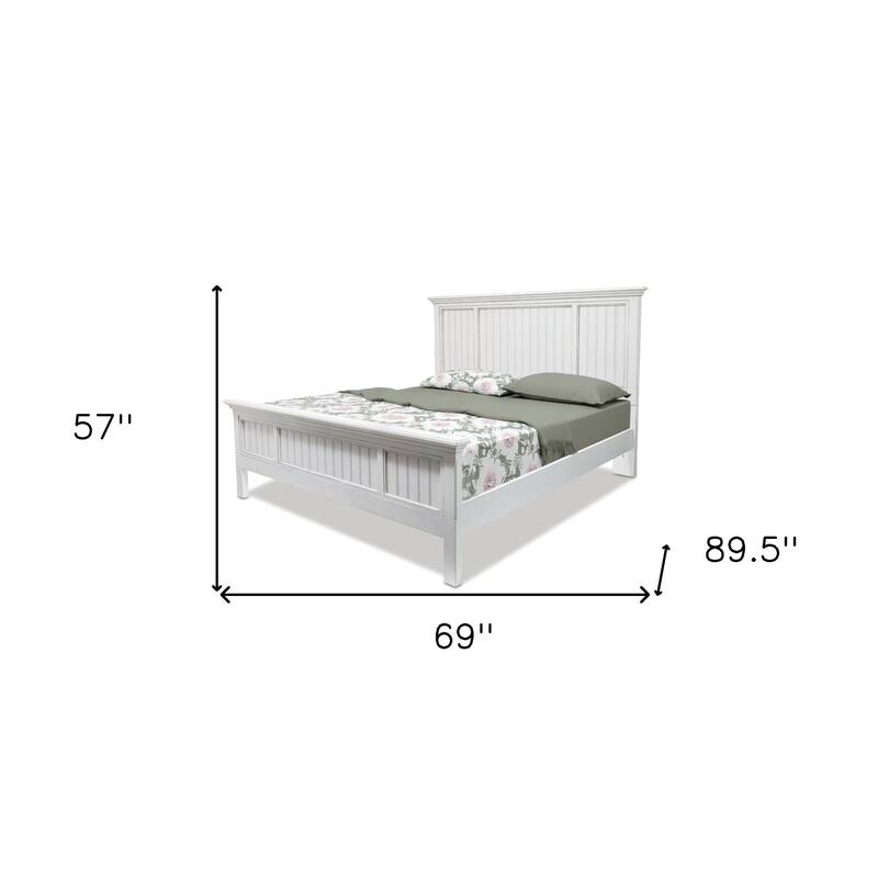 HomeRoots White Carved Geometric Distressed Solid Wood Queen Bed Frame