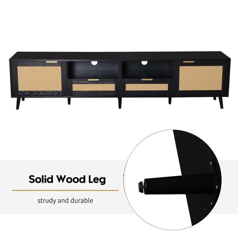 Farmhouse Rattan TV Stand for TVs up to 85" with Storage & Wood Legs