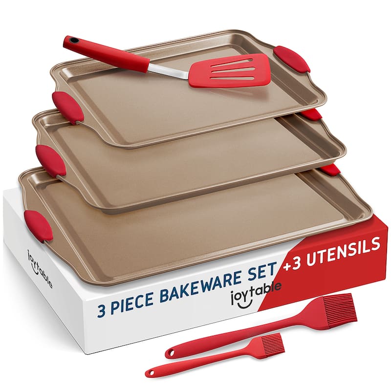JoyTable Bakeware Set - Nonstick Bakeware Set With Silicone Handles & Utensils - 6 Piece Set - Brown