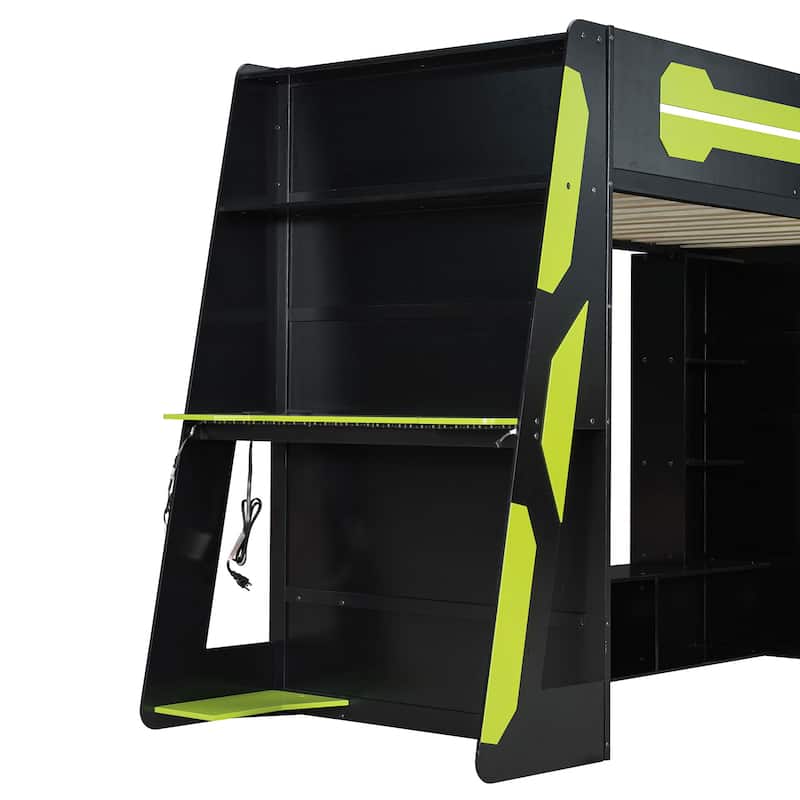 Full Size Gaming Loft Bed Esports-Inspired Bed with Desk Shelves and Charging Station for Gaming Bedroom Setup, Esports Hotels