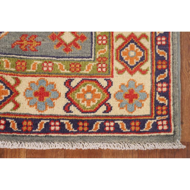 Geometric Kazak Accent Rug Hand-Knotted Grey Wool Carpet - 2'8" x 4'1"