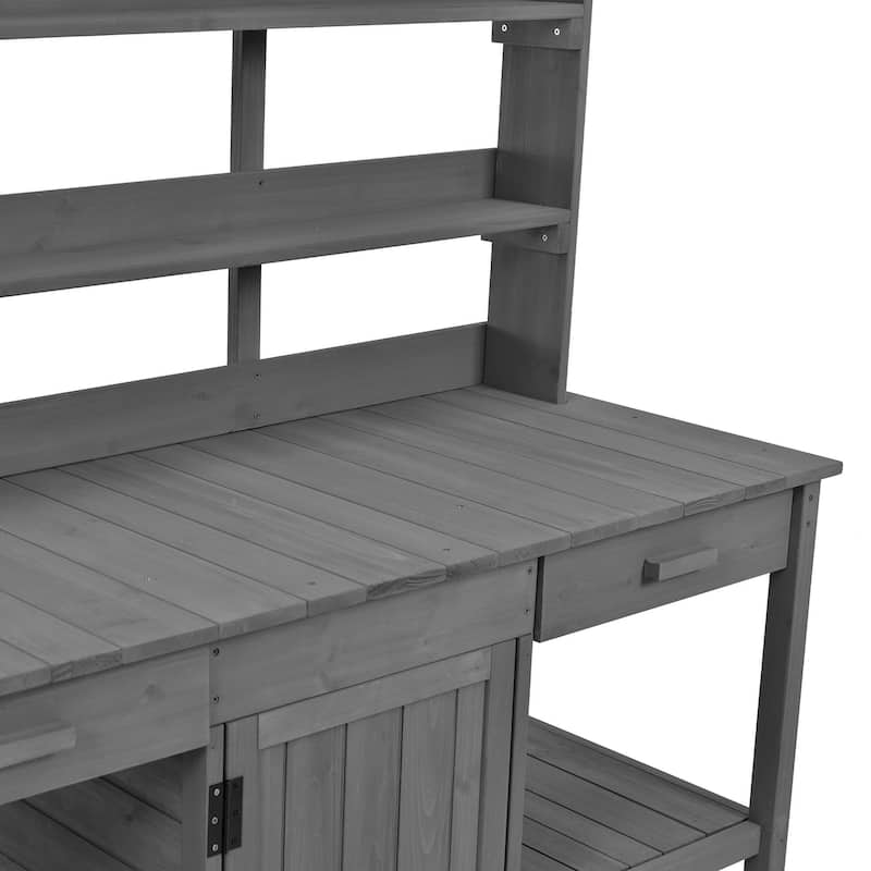 Roomfitters 66" Large Farmhouse Outdoor Potting Bench Table with 2 Drawers, Cabinet and Open Shelves, Gray