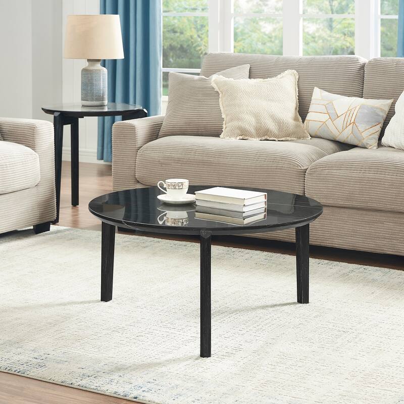 Modern 36-Inch Round Coffee Table-Stylish Imitation Marble Top with Solid Rubber Wood Legs-Elegant Wooden Center Table