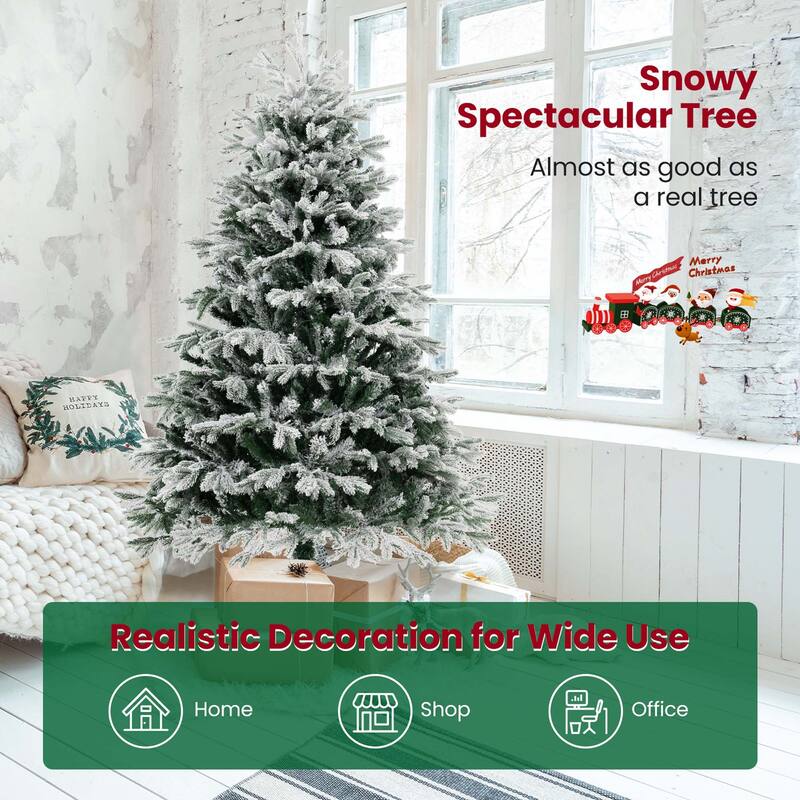 Costway 4.5 FT/6FT/7FT Pre-Lit Christmas Tree Snow Flocked Hinged Xmas