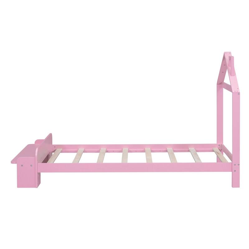 Full Size Wood Platform Bed with House-shaped Headboard and Footboard Bench